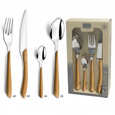 24-Piece Cutlery Set for 6 People 18/0 Stainless Steel Glossy Finish Light Wood Effect