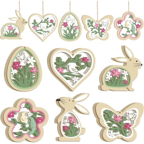 24-Piece Easter Hanging Wooden Decorations – Bunny Egg Butterfly Spring Decoration DIY Easter Tree Green