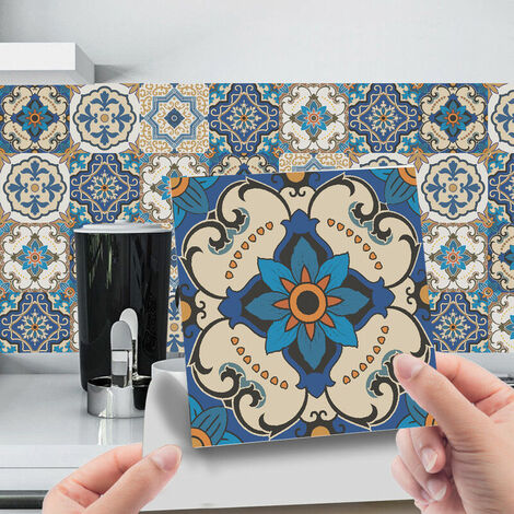 24 Pieces Autocollants pour Carreaux de Taille 20x20cm, Adhésive Stickers Carrelage en PVC Imperméable, Stickerscarrelage Auto-adhésif pour Salle de Bain et Cuisine, Style Marocain