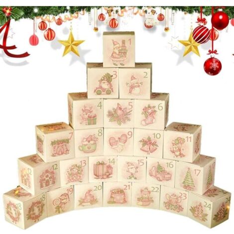 24 pièces Boîtes 'Avent de Noël, boîtes de compte à rebours de Noël - Boîte à friandises pour fêtes de Noël, calendrier 'Avent vide de Noël 2024, boîtes en papier pour friandises nat,rose