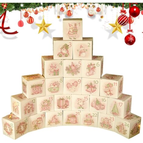 24 pièces Boîtes 'Avent de Noël, boîtes de compte à rebours de Noël - Boîte à friandises pour fêtes de Noël, calendrier 'Avent vide de Noël 2024, boîtes en papier pour friandises nat,rose