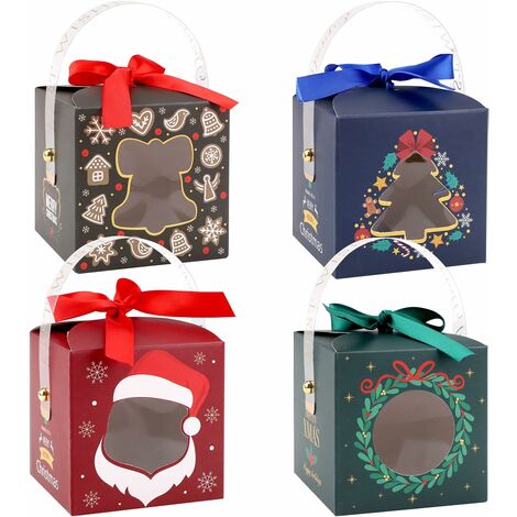 24 pièces Boîtes de Noël en papier avec poignée transparente et fenêtre Boîte à bonbons de Noël boite biscuit Boîtes cadeaux avec ruban pour la fête de Noël Fournitures de fête d'anniversaire
