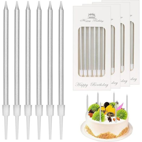 24 Pièces Bougie Anniversaire,Métallique Bougie,Bougies Anniversaire Adulte Enfant,vec Support,Bougie Gateau,Bougies d'Anniversaire Décorative pour Fête de Gâteau,Fête de Mariage,Anniversair(argent)