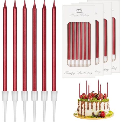 24 Pièces Bougie Anniversaire,Métallique Bougie,Bougies Anniversaire Adulte Enfant,vec Support,Bougie Gateau,Bougies d'Anniversaire Décorative pour Fête de Gâteau,Fête de Mariage,Anniversair(rouge)