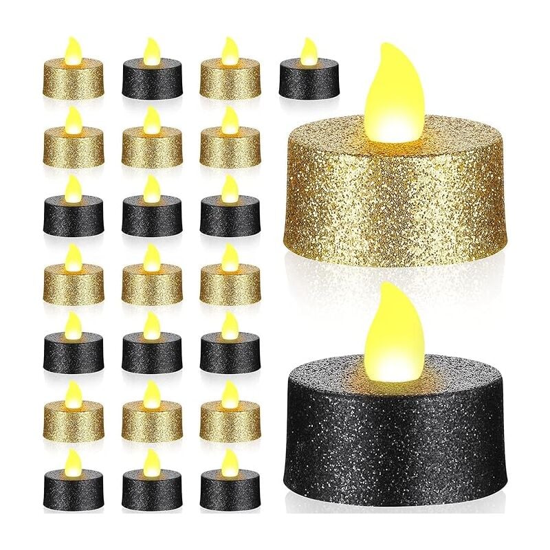 Linghhang - 24 Pièces Bougies Chauffe-Plat led à Paillettes Dorées Bougies sans Flamme Noires Bougies Chauffe-Plat Votives à Piles avec Lumière Jaune