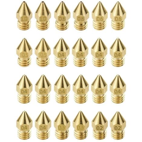 24 Pièces Buses d'imprimante Buse MK8. 0.2 mm. 0.3 mm. 0.4 mm. 0.5 mm. 0.6 mm. 0.8 mm. 1 mm. Kit De Buses. Compatible avec Imprimante 3D Makerbot CR-10