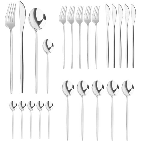 24 Pieces Couvert Couverts de Table Menagere Service de Table 6 Personnes avec Reutilisable Inox Fourchettes de Table Petite Cuillère Couteaux de Table Argent