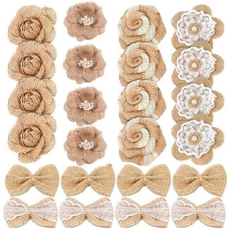 24 Pièces Fleurs en Toile de Jute, Jute Fleur, Ensemble de Fleurs en Toile de Jute, Fleurs de Toile de Jute Vintage, 6 Modèles,