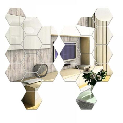 24 pièces Miroir Hexagonal Mural, Miroir Adhesif Mural Argent 126×110×63mm, Miroirs Muraux Autocollant Hexagone en Acrylique pour Canapé TV Fond Décoration, Chambre, Salon
