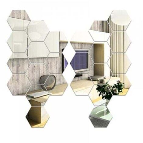 24 pièces Miroir Hexagonal Mural, Miroir Adhesif Mural Argent 126×110×63mm, Miroirs Muraux Autocollant Hexagone en Acrylique pour Canapé TV Fond Décoration, Chambre, Salon