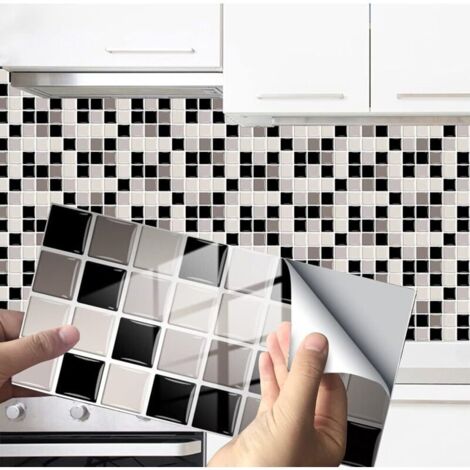 24 Pièces Rectangle Adhésive Décorative à Carreaux pour Salle de Bains et Cuisine Stickers Carrelage, Motif Marbre Mosaïque Imperméables Adhésive Décoration (Gris Mosaïque,24Pièces)