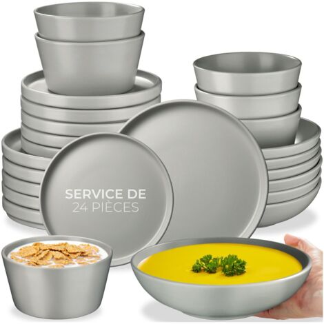 24 pièces service de table en grès pour 6 personnes gris