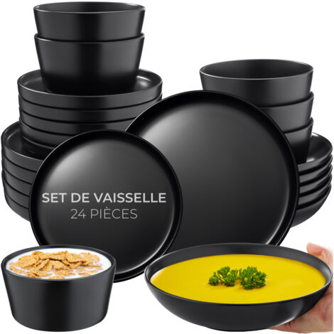 Tectake – Service de table en grès noir 24 pièces pour 6 personnes – Assiettes creuses, grandes et petites – Compatible micro-ondes et lave-vaisselle