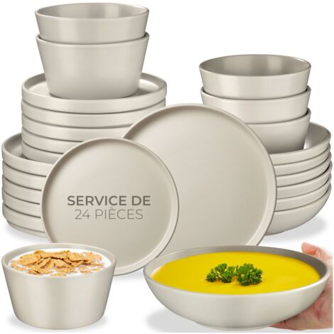 24 pièces service de table en grès pour 6 personnes taupe