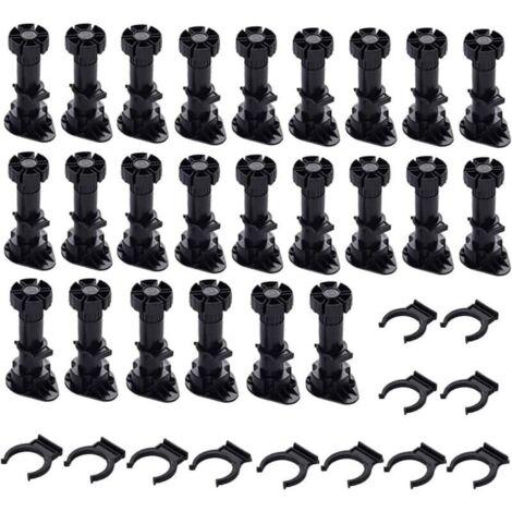 24 pieds Pieds D\'Armoire Plastique,Pied de Meuble,Pied Réglable pour Meuble,Noir Pieds de Meuble Plastique avec Clip Fixation Base pour Meubles de Cuisine,Armoire et Canapé (60mm-8mm)