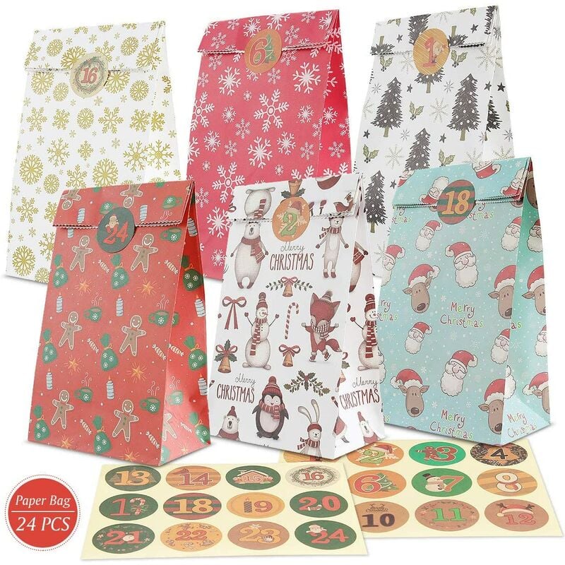 

24 piezas de bolsas de regalo, bolsas de papel kraft, bolsas de regalo, bolsas de Navidad, bolsas de regalo con pegatinas, bolsas de regalo de