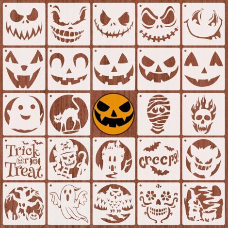 24 Pochoirs d'Halloween 13 x 13 cm pour Enfants - Réutilisables pour Peinture sur Bois, Mur, Scrapbooking, Fenêtre, Carte