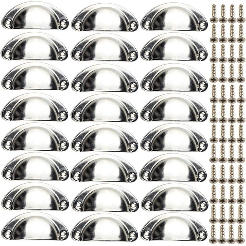 24 Poignées de Meubles Coquille Vintage - Boutons de Tiroir Semi-Circulaires pour Armoires - Avec Vis, Chrome - Ulisem