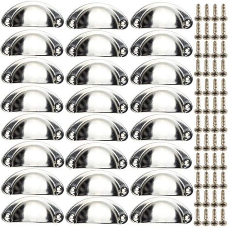 24 Poignées de Meubles Coquille Vintage - Boutons de Tiroir Semi-Circulaires pour Armoires - Avec Vis, Chrome