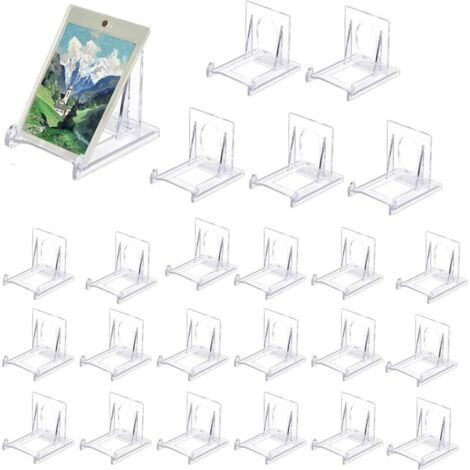 24 présentoirs transparents réglables, porte-assiettes en plastique, chevalets transparents, présentoirs de menus, supports publicitaires, assiettes et photos.
