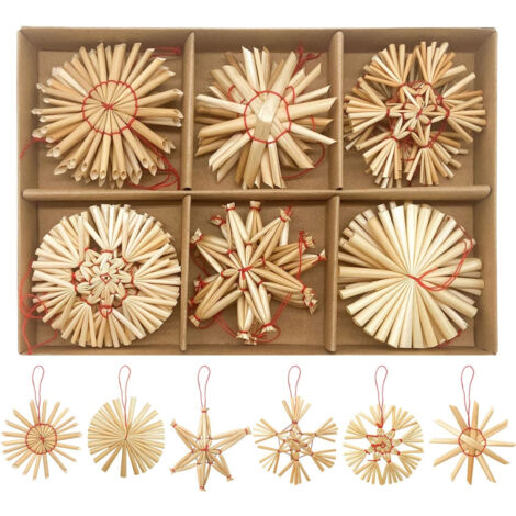 24 Stroh-Weihnachtsbaumschmuckstücke, 6 verschiedene 6 cm große Sternornamente zum Aufhängen, handgeflochtene Stroharbeiten