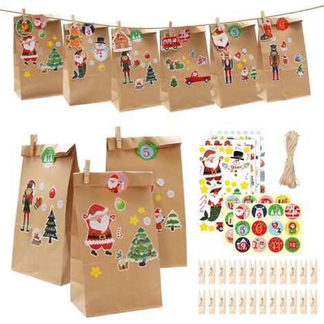 24 Stück Kraftpapiertüten, Geschenktüten, Geburtstagstüten für Süßigkeiten, Kraftpapiertüten, Sandwichbeutel für Süßigkeiten und Geschenke mit Aufklebern, Holzclips und Juteschnur (24×13×8cm)