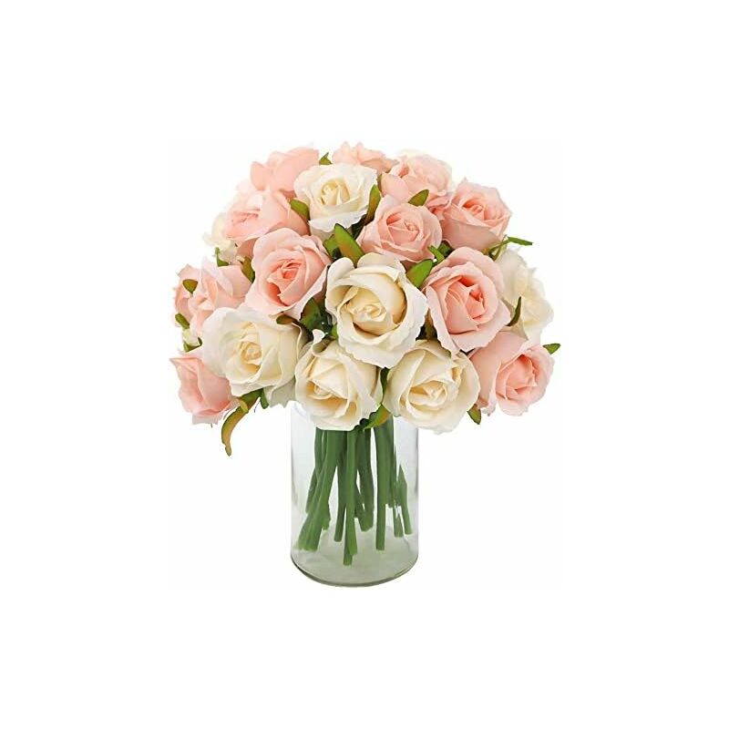 Leisei - 24 Têtes Artificielles Rose Fleurs Bouquet Soie Fleurs Rose pour La Maison De Mariage Fête Festival Décor (2 Paquets Champagne et Rose)