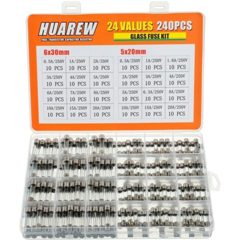 24 Valeurs 240 Pièces Fusible En Verre à Fondre Rapide 250 V Tension 5x20 Mm 0,5 1 1,6 2 3 4 5 6,3 8 10 15 20 A 6x30 Mm 0,5 1 2 3 4 5 6 7 8 10 15 20 A Ampères Kit De Classification