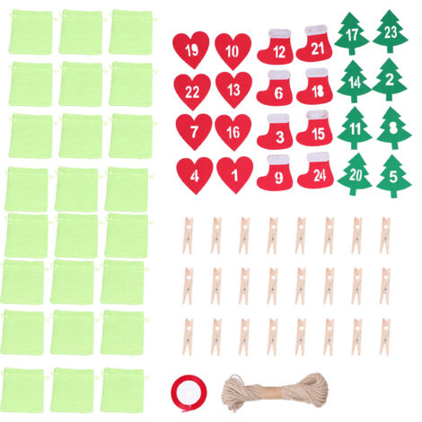 24 Weihnachtsbeutel mit Kordelzug und Glückszahlen, Adventskalenderbeutel, festliche grüne Geschenktüte