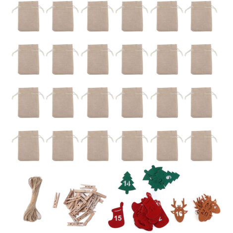 24 wiederverwendbare Adventskalender-Beutel mit Kordelzug – Countdown-Beutel für Süßigkeiten und Schmuckgeschenke – Beige