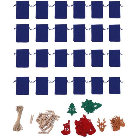 24 wiederverwendbare Adventskalender-Beutel mit Kordelzug – Countdown-Taschen für Süßigkeiten und Schmuck – Dunkelblau