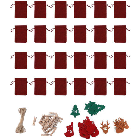 24 wiederverwendbare Adventskalenderbeutel mit Kordelzug, Countdown-Taschen für Süßigkeiten und Schmuck, weinrot