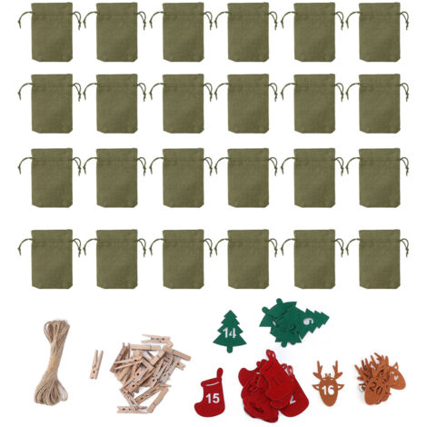 24 wiederverwendbare Adventskalenderbeutel mit Kordelzug für Süßigkeiten, Schmuck, Geschenke, mit Countdown-Timer, Grün