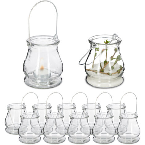 24 x Windlicht, aus Glas, Henkel zum Aufhängen, innen & außen, Teelichthalter, H x D: 10 x 8,5 cm, transparent