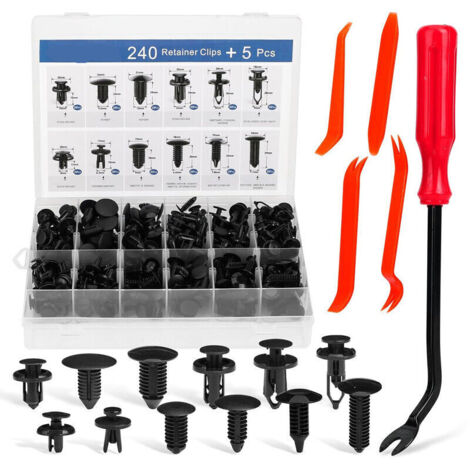 240 clip per paraurti, clip per auto, rivetti in plastica, 12 misure comuni e 5 strumenti per la rimozione di elementi di fissaggio, kit di fissaggio auto-pressanti, kit di rivetti a perno.