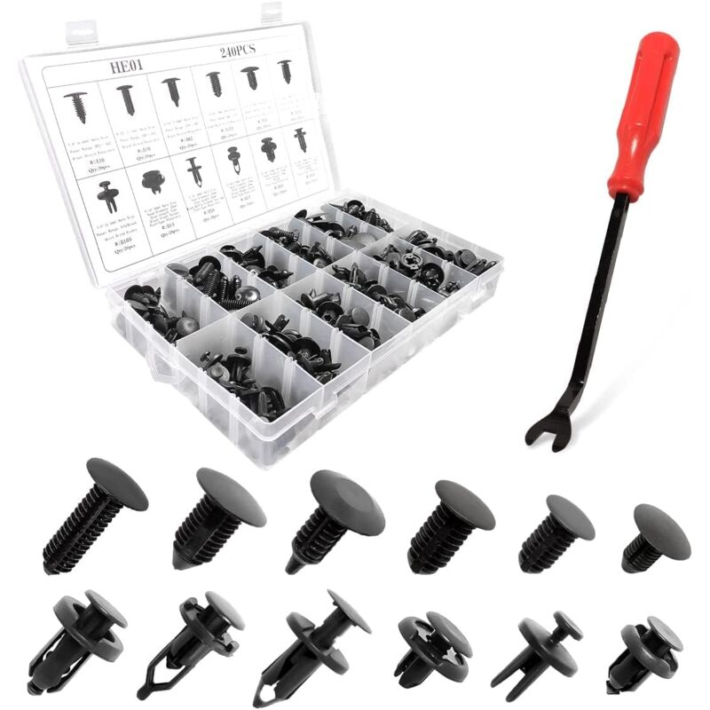 240PCS Attaches Rivets Clips Plastique pour Voiture, Assortiment D'Attaches Universelles de Type Poussoir Dans un Coffret avec Outil de DéMontage,