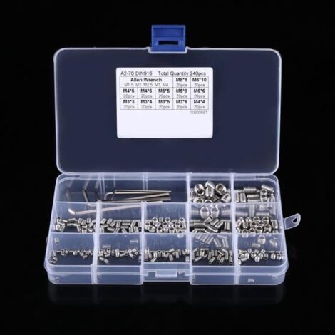 240pcs kit d\'assortiment de vis sans tête à six pans creux M3 - M4 - M5 - M6 - M8 avec clés hexagonales-DBA