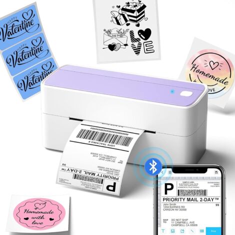 241BT 4x6 Bluetooth Thermo-Etikettendrucker, Tintenloser Selbstklebender Etikettendrucker fürs Büro, Via USB & Bluetooth, Lila