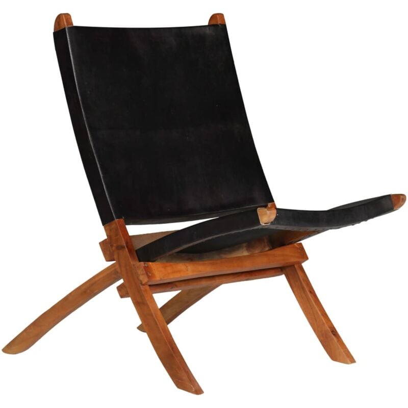 Vidaxl - Folding Relaxing Chair Black Real Leather