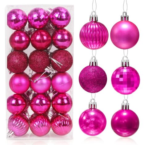 24boules Noël plastique rose rouge Ø4 cm, décoration sapin mariage maison