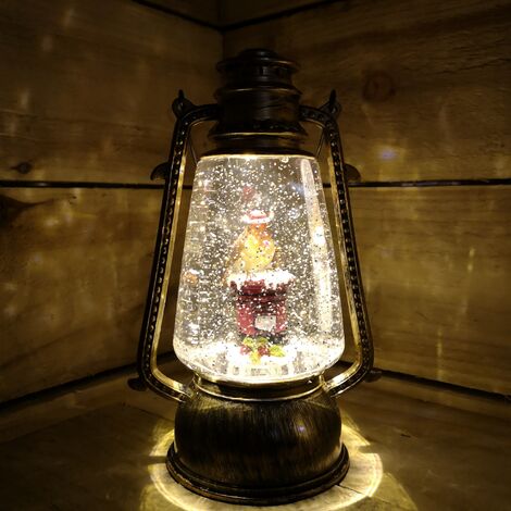 24cm Christmas Water Spinner Antique Effect Hurricane Lantern with Robin on Post-box Dual Powered
