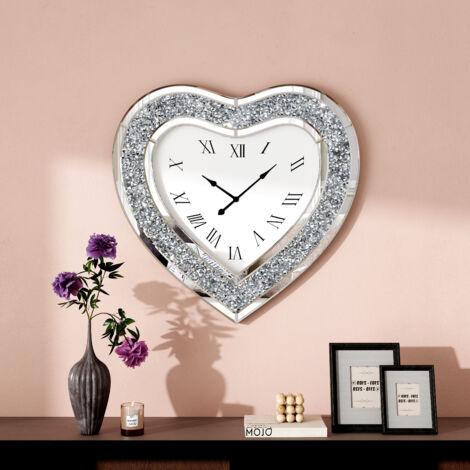24in Modern Glam Heart-Shaped Mirrored Wall Clock with Sparkle Crystal Frame - Decorative Roman Numeral Clock for Living Room, Bedroom, Home Accent