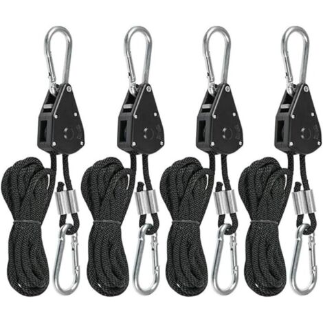 2.4m ratchet rope – Max load 150 lbs – High tenacity nylon – Set of 4 adjustable hooks for lights and shade sails