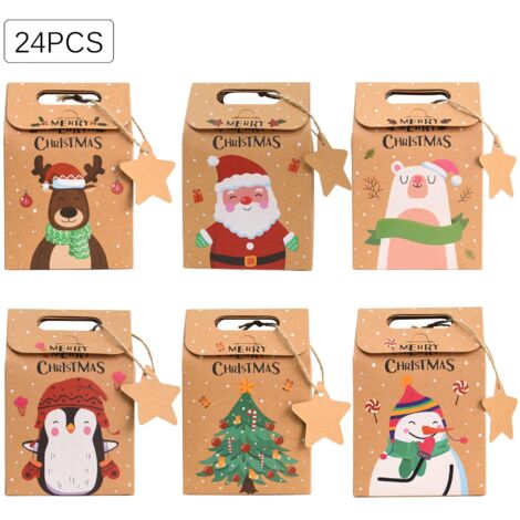 24PCS Boîtes Sacs de Cadeaux de Noël(9.4614cm), Pochette Cadeau Kraft Noël, Boîtes Cadeau de Noël en Papier Kraft, Pochette Noël boîtes pour Emballage Cadeau, Bonbons, chocolats, Biscuits