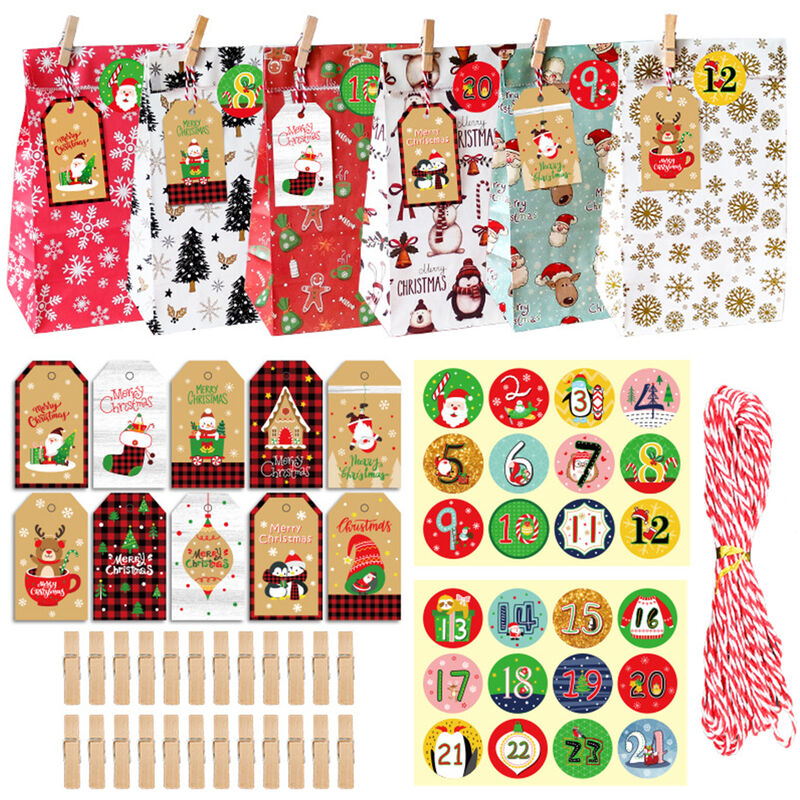 

Happyshopping - 24PCS Bolsas de regalo de Navidad Kraft Boutique Bolsas de papel para envolver Clips Numero de diseno de etiqueta con muneco de nieve