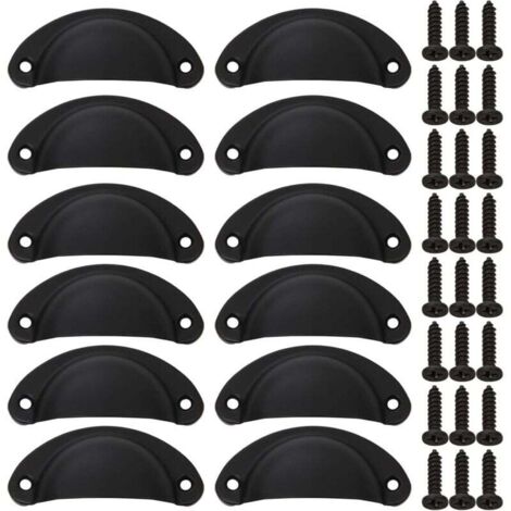 (24PCS) Boutons d'armoire en coquillage, poignée d'armoire noire avec vis, poignée en fer vintage pour tiroir d'armoire, tiroir de cuisine, porte