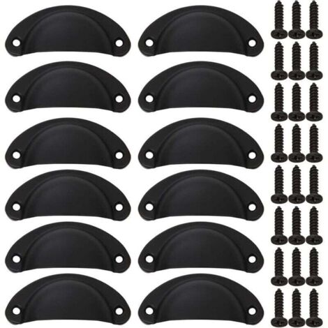 (24PCS) Boutons d'armoire en coquillage, poignée d'armoire noire avec vis, poignée en fer vintage pour tiroir d'armoire, tiroir de cuisine, porte