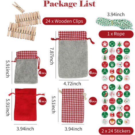 24PCS Calendrier de l'Avent Sacs 24 Jours Compte à rebours de Noël Sac de Bonbons en Toile de Jute avec Clips en Bois Autocollants Corde en Coton pour Décorations de Fête DIY.A