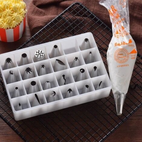 24Pcs Douille Poche à Douille Pâtisserie Kit Décoration de Gâteaux Crème DIY Réutilisable(24 Douilles Inox+100 PCS Poche à Douille J