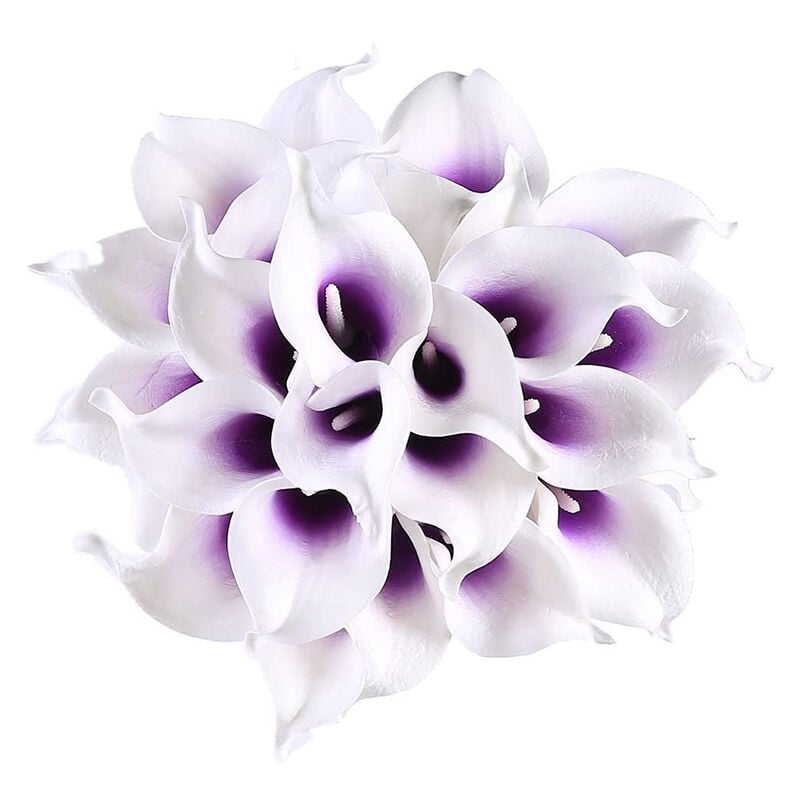 24Pcs Fleurs de Lis Calla Artificielles pour les Centres de Bricolage Bouquet de Mariage Nuptiale Décor à la (Violet en Blanc)